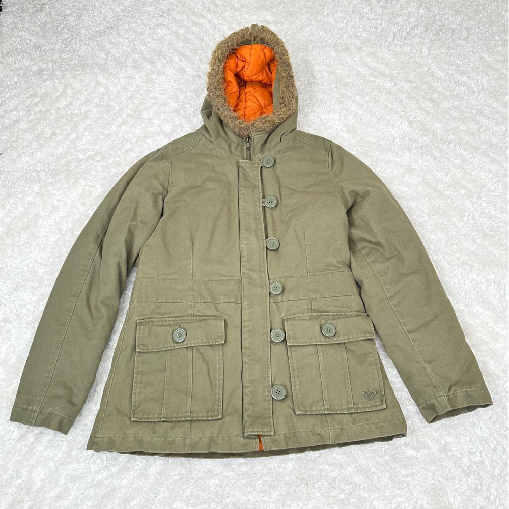 Roxy Women's XL Olive Green Y2K Jacket Coat Faux Fur Hood 2000s Utility Grungr